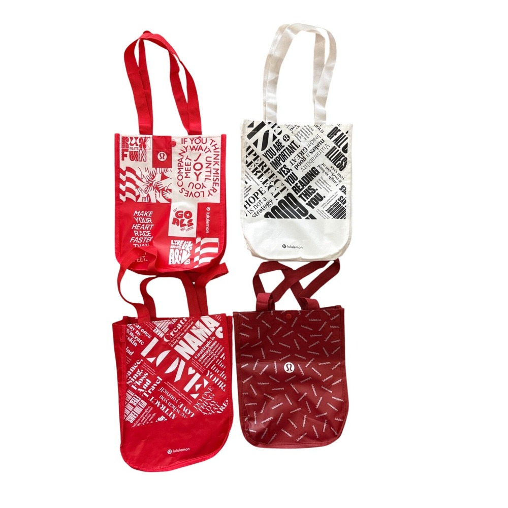 Lululemon Athletica Set of 4 Reusable Tote Bags Snap Top Red White Small Shopper